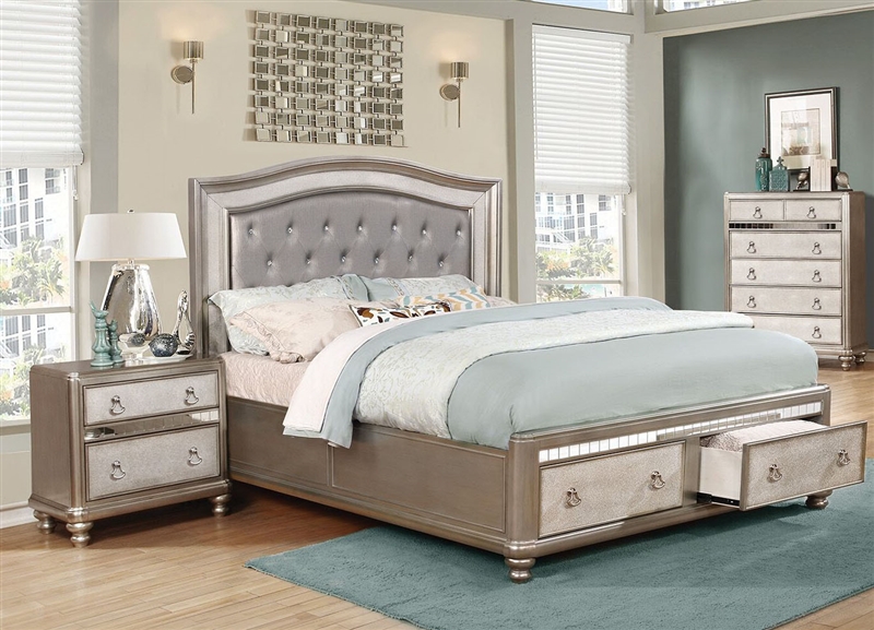 bling game upholstered storage bed in metallic platinum finish