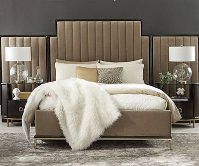 Formosa Platform Camel Velvet Upholstered Bed with Wing Panels in Americano Finish by Coaster - 222820QP