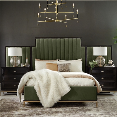 Formosa Platform Dark Moss Velvet Upholstered Bed with Wing Panels in Americano Finish by Coaster - 222821QP
