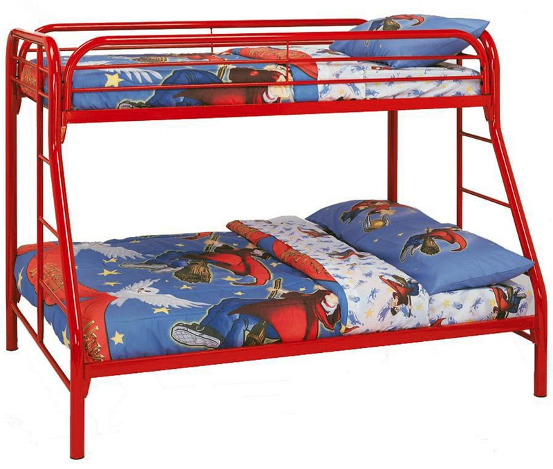 Metal Twin Full Bunk Bed In Red Finish, Red And Blue Metal Bunk Beds