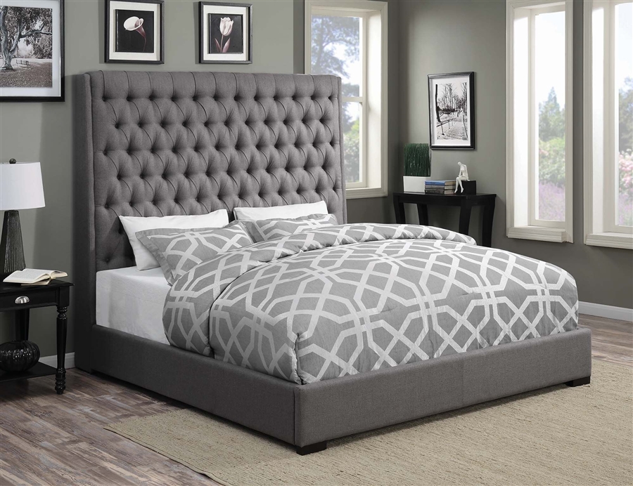 grey upholstered bed pictures