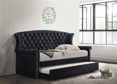 Scarlett Twin Daybed with Trundle in Black Velvet Fabric by Coaster - 300642