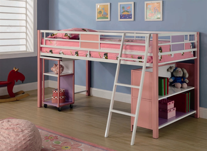 pink loft bed with desk