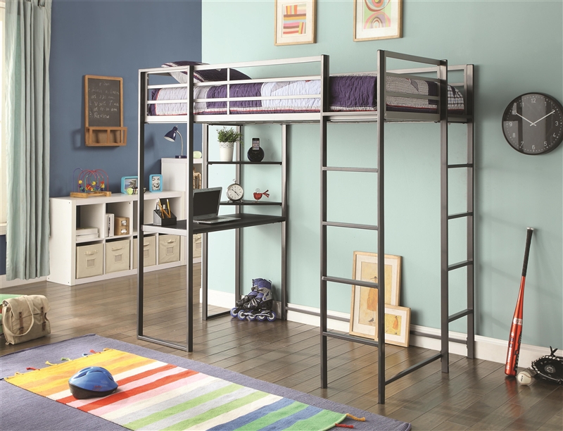 Metal Twin Workstation Loft Bed With Desk And 2 Ladders By Coaster