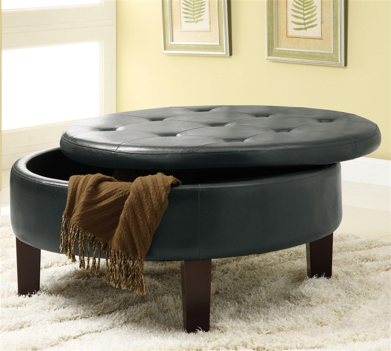 Round Black Upholstered Storage Ottoman, Black Leather Round Ottoman