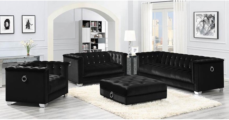 Sofa Set In Tufted Black Velvet, Black Velvet Tufted Sofa Set