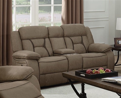 Higgins Reclining Console Loveseat in Tan Performance Coated Microfiber Upholstery by Coaster - 602265