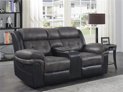 Saybrook Reclining Console Loveseat in Charcoal / Black Performance Microfiber by Coaster - 609145
