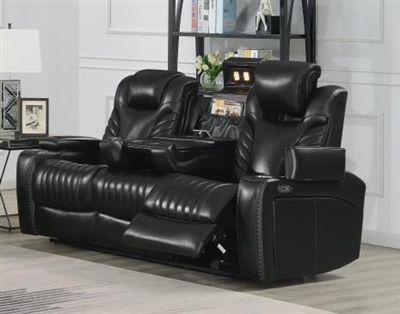 Bismark Power Heat Massage Reclining Sofa with Drop Down Table in Black Leather by Coaster - 609461PPI