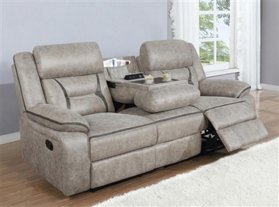 Greer Reclining Sofa with Drop Down Table in Taupe Performance Leatherette Upholstery by Coaster - 651351