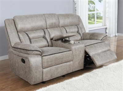 Greer Gliding Reclining Console Loveseat in Taupe Performance Leatherette Upholstery by Coaster - 651352
