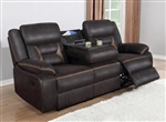 Greer Reclining Sofa with Drop Down Table in Dark Brown Performance Leatherette Upholstery by Coaster - 651354