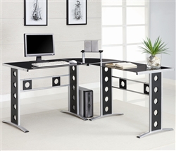 Modern L Shape Desk with Silver Frame & Black Glass by Coaster - 800228
