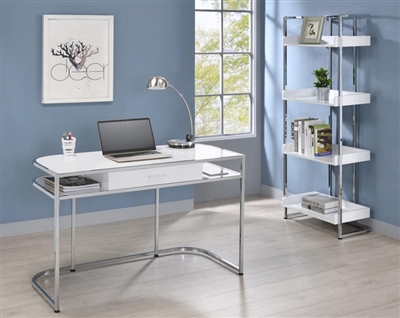 Ember Writing Desk 2 Piece Home Office Set in White High Gloss and Chrome Finish by Coaster - 803401-S