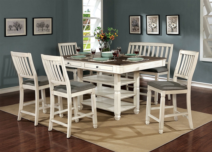 Mckayla 7 Piece Counter Height Dining Set In Antique White Dark Oak Finish By Furniture Of America Foa Cm3413pt