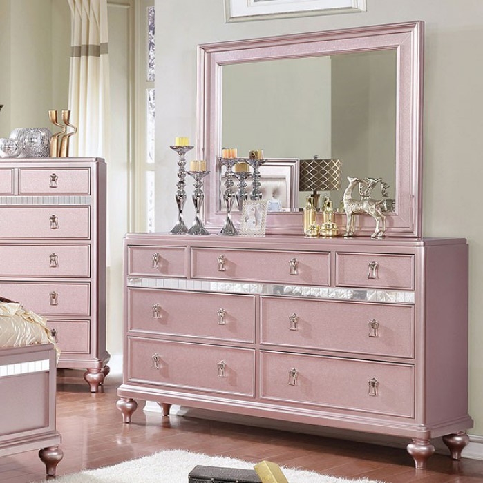 Ariston 6 Piece Bedroom Set In Rose, Pink Mirror Dresser Set