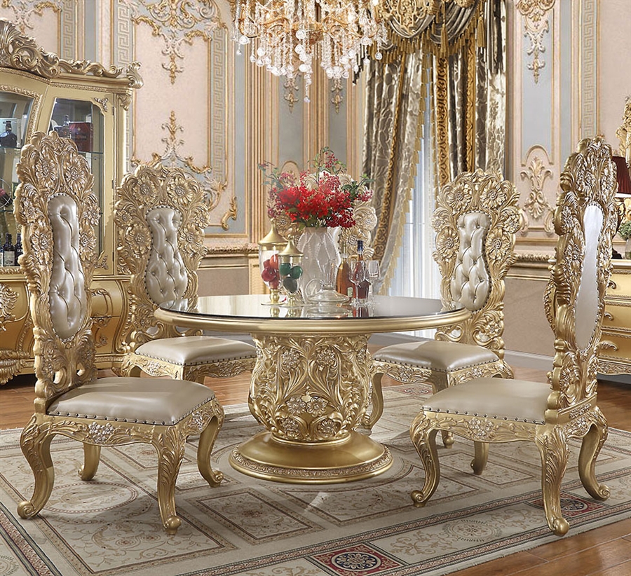 Versailles 5 Piece Round Table Dining Room Set in Metallic Antique Gold
