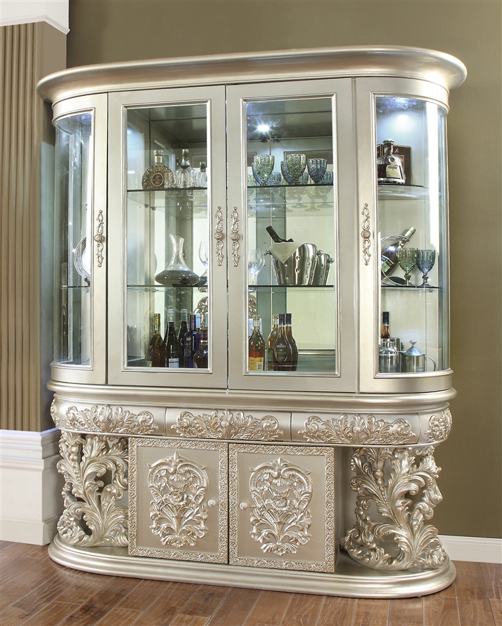 Decorative Carved Metallic Silver Finish China Cabinet By Homey
