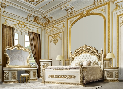 Classic Style 6 Piece Bedroom Set in Antique White & Gold Finish by Homey Design - HD-903