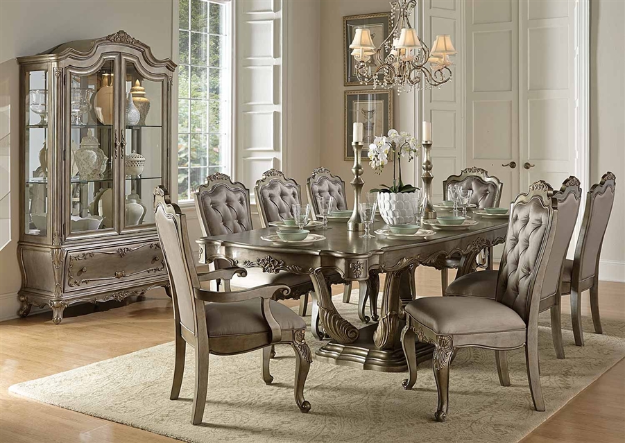 Floina 7 Piece Dining Set In Silver, Silver Dining Room Set With Bench