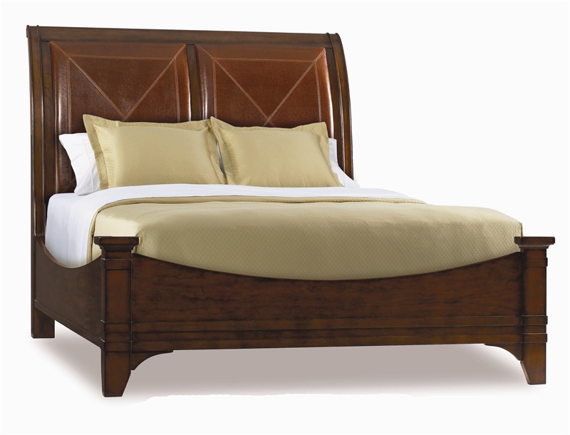 Leather Headboard Sleigh Bed, Cherry Wood Bed With Leather Headboard