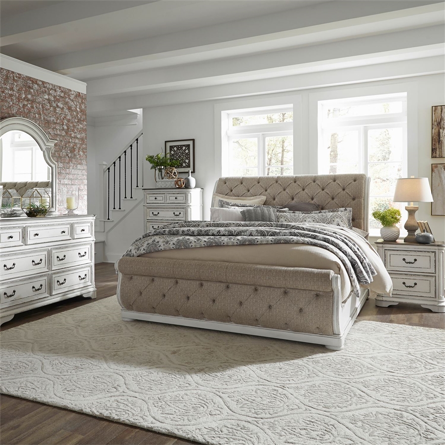 magnolia manor upholstered sleigh bed 6 piece bedroom set in antique