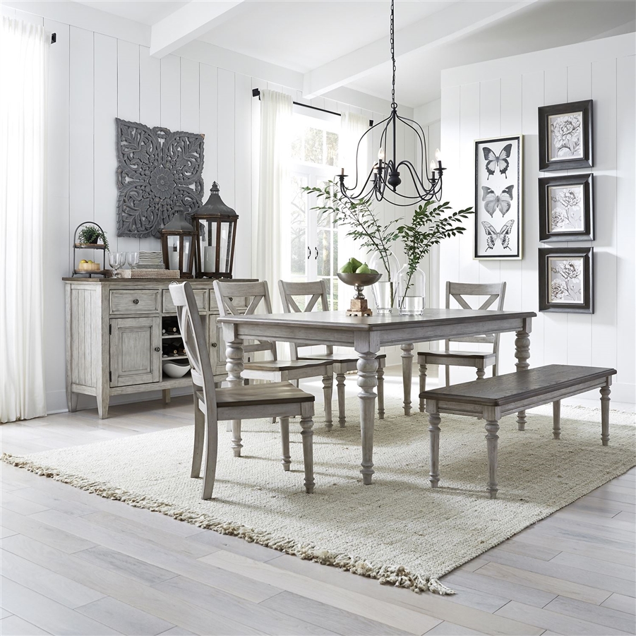 Cottage Lane Rectangular Leg Table 6 Piece Dining Set In Antique White Finish With Weathered Gray Tops By Liberty Furniture 350 CD 6RTS