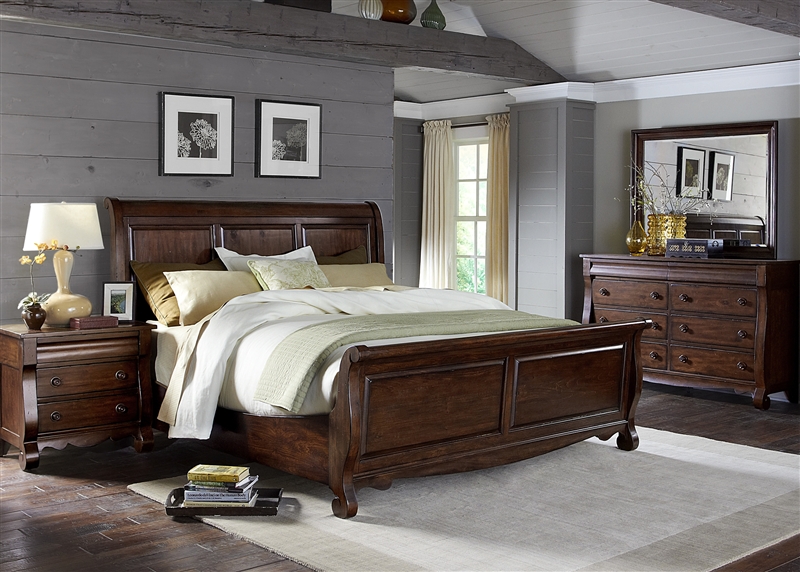 sinclair sleigh bed 6 piece bedroom set in rustic russet finish