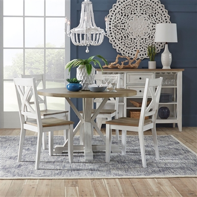 Lakeshore Round Single Pedestal Table 5 Piece Dining Set in White and Wood Finish by Liberty Furniture - 519-CD-5ROS