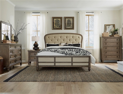 Americana Farmhouse Upholstered Shelter Bed 6 Piece Bedroom Set in Dusty Taupe Finish by Liberty Furniture - 615-BR-QSHDMN