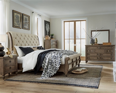 Americana Farmhouse Upholstered Sleigh Bed 6 Piece Bedroom Set in Dusty Taupe Finish by Liberty Furniture - 615-BR-QSLDMN