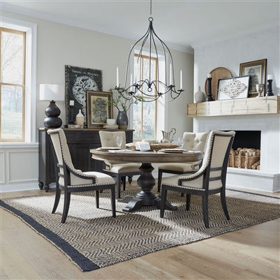 Americana Farmhouse Single Pedestal Table 5 Piece Dining Set in Dusty Taupe and Black Finish by Liberty Furniture - 615-DR-5PDS-B