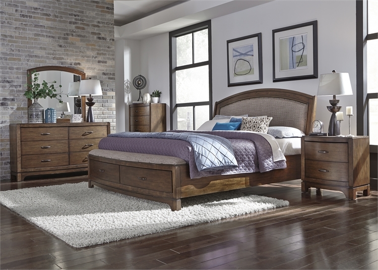 avalon upholstered storage bed 6 piece bedroom set in pebble brown
