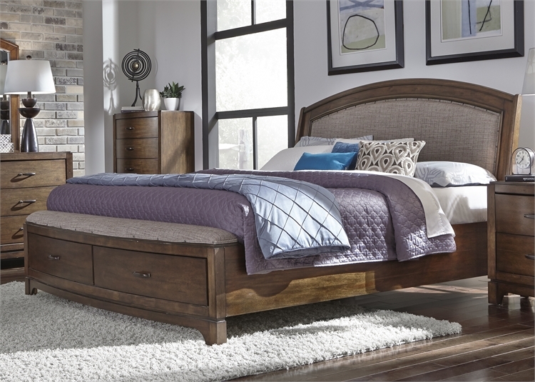 avalon upholstered storage bed in pebble brown finishliberty