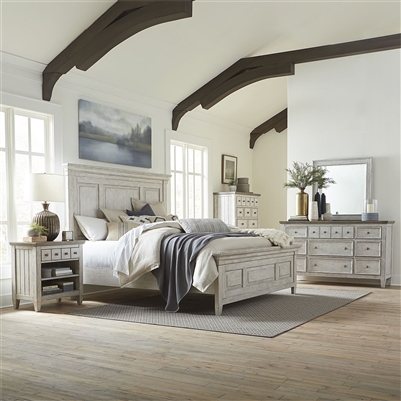 Heartland Tallgrass Panel Bed 6 Piece Bedroom Set in Antique White Finish with Tobacco Tops by Liberty Furniture - 824-BR-QPBDMN