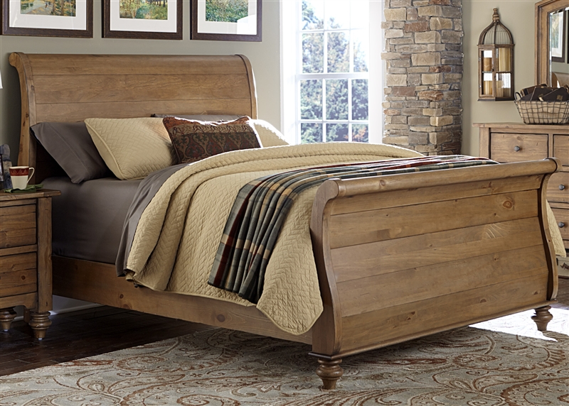 southern pines sleigh bed in vintage light pine finishliberty
