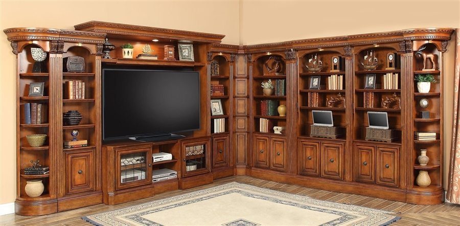 Library Theater Set Huntington 10 Piece Entertainment Library Wall in Antique Vintage Pecan ...