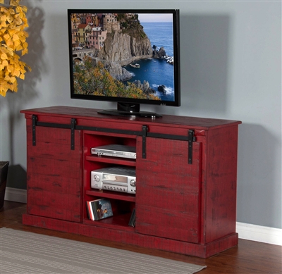 65 Inch TV Console w/ Barn Door in Burnt Red Finish by Sunny Designs - SD-3577BR2